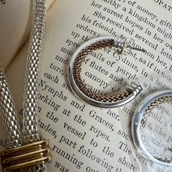 NEW Vintage 80s NRQ Lariat Silver and Gold Necklace Hoop Earrings Jewelry Set - Picture 4 of 15